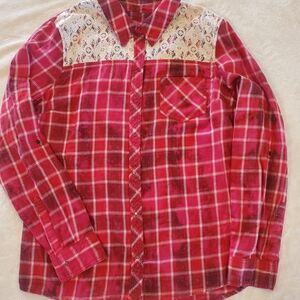Red Plaid Button-Up Shirt with Lace Detail